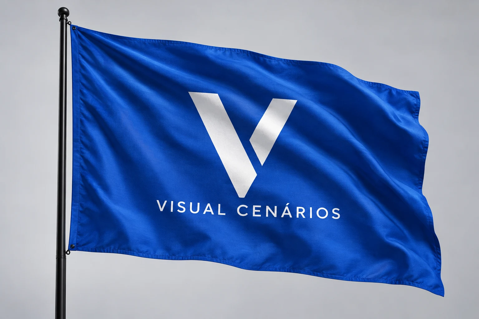 Simulação ilustrativa de bandeira azul da Visual Cenários, com detalhes do tecido sublimado