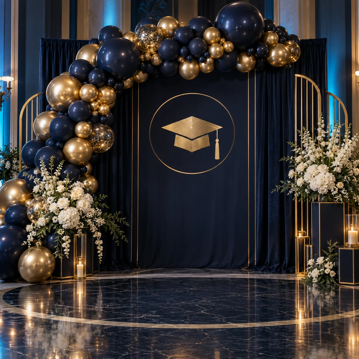 Painel de formatura azul e dourado com arco de balões